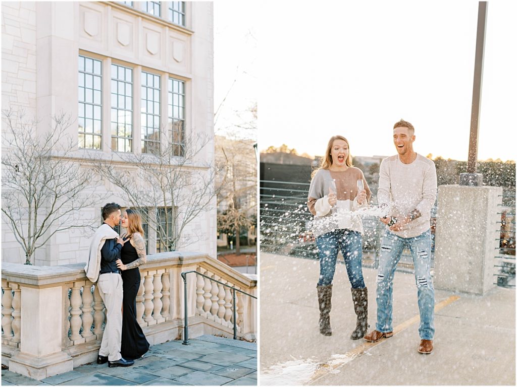 collage of two couples, one standing among stone railings, another popping champagne