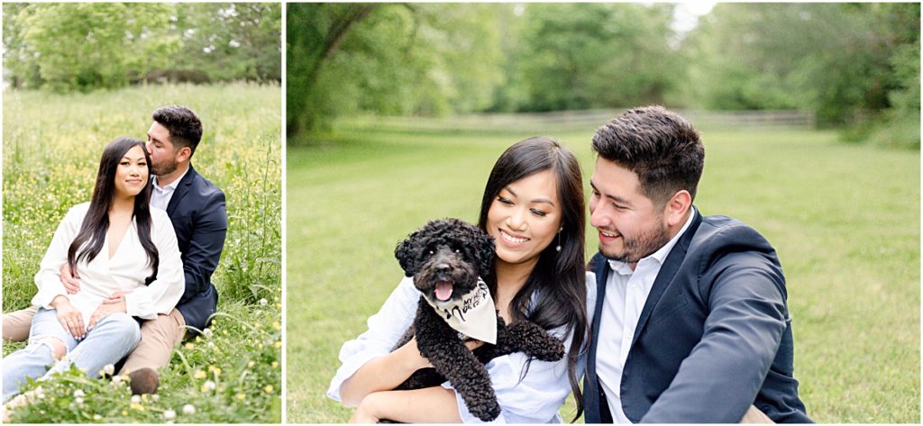 collage of couple sitting in a field and holding their miniature poodle, nuzzling during Engagement Photography session in NWA