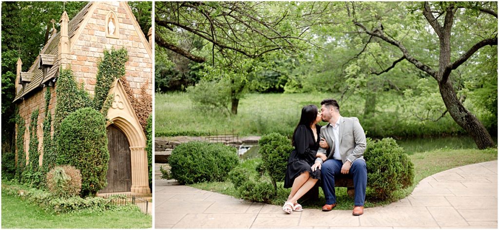 collage of a church with ivy growing on it and a couple kissing while sitting on a rock during Engagement Photography session in NWA