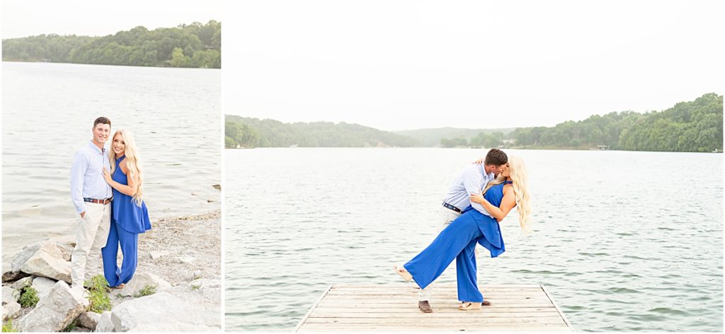 Collage of couple standing among rock jetty and on a dock during Engagement Photography session in NWA