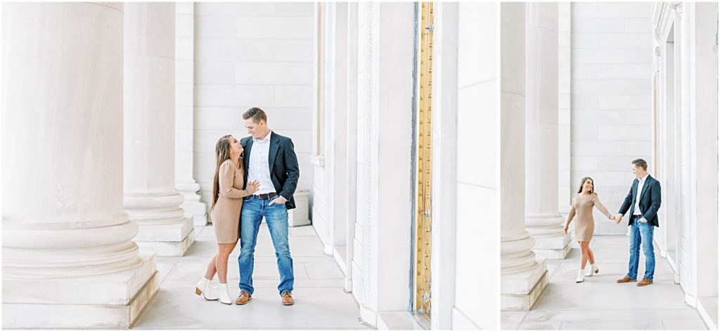 Couple standing among columns during Engagement Photography session in NWA