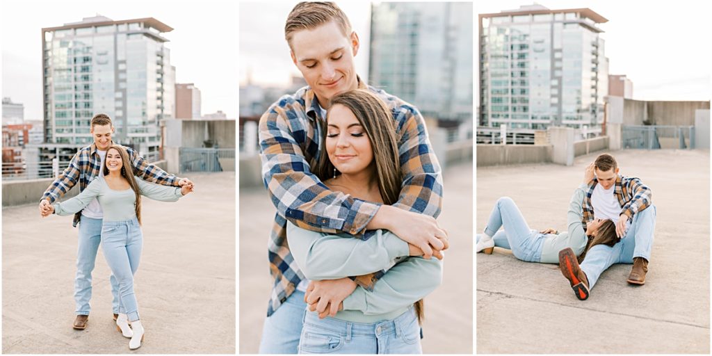 Couple in a collage on top of a parking garage; hugging, sitting and nuzzling, with glass building in background