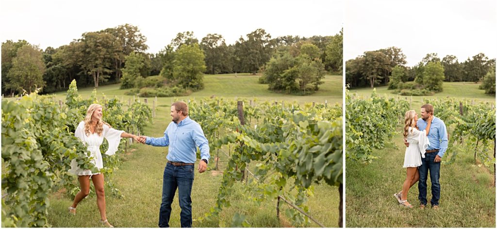 Collage of couple at a vineyard dancing and hugging