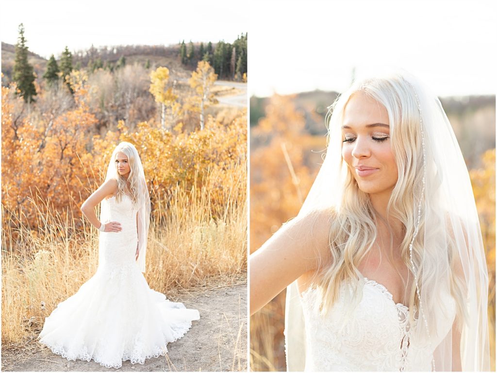 Collage of bridal portraits with a bride in her dress standing in a field with weeds behind her. 