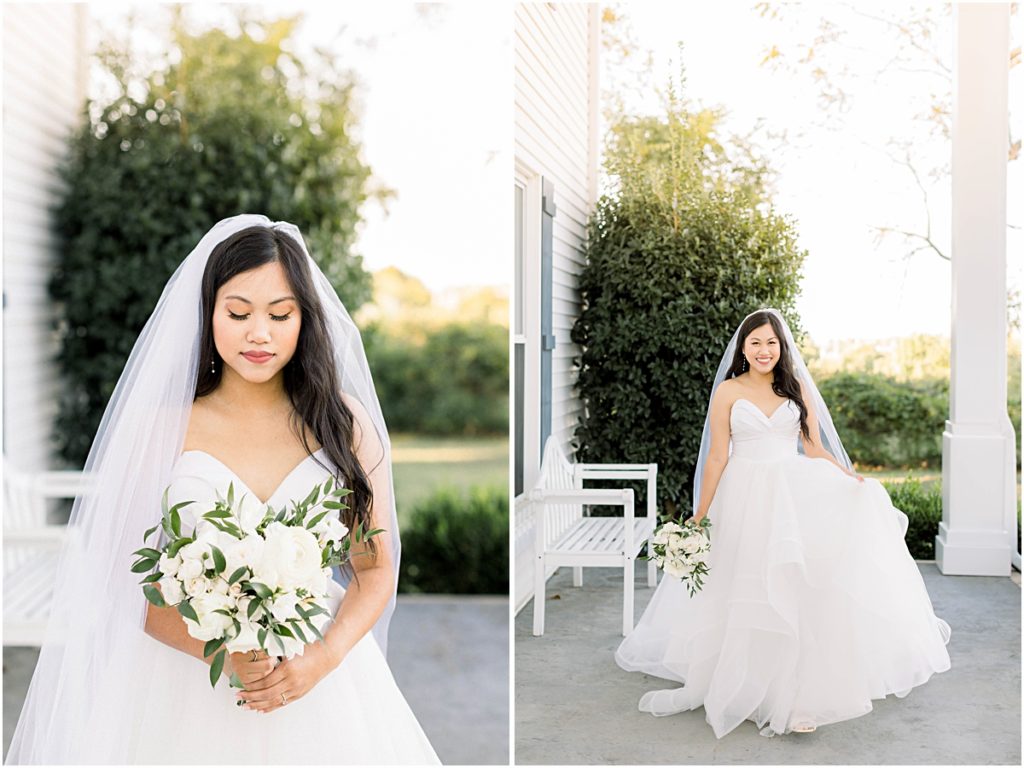 Collage of Carina outside her venue in her bridal dress