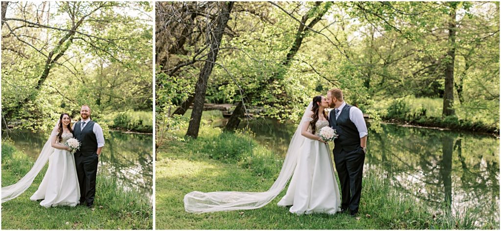 Josh and Prisca outside by a creek during their Arkansas Elopement