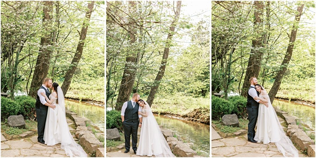 Collage of Josh and Prisca standing along a stone walkway beside a creek