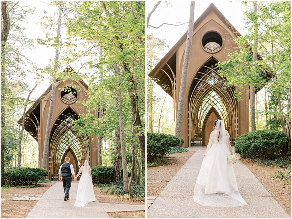 Collage of Josh and Prisca, then just Prisca walking toward the cathedral during their Arkansas Elopement 