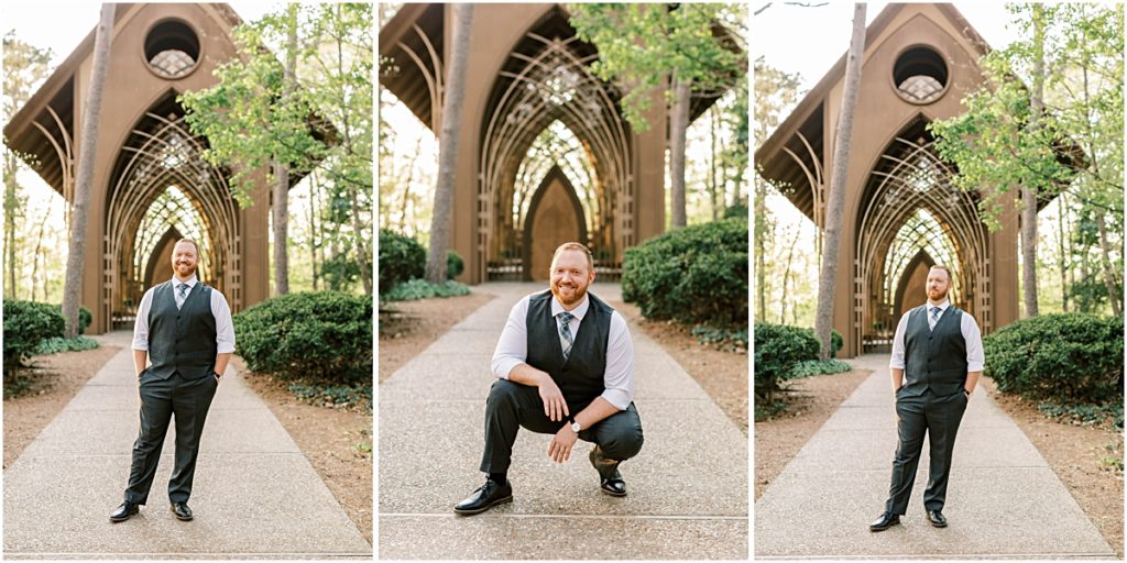 Collage of Josh standing and kneeling in front of the cathedral during their Arkansas Elopement