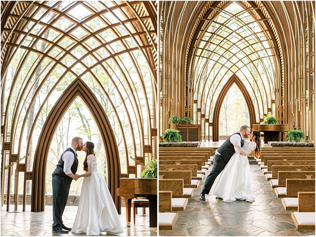 Josh and Prisca kissing in the cathedral during their Arkansas Elopement