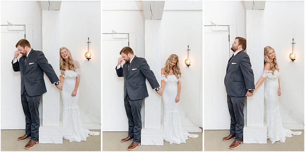Collage of a couple holding hands behind a wall during a no look first look during a Wedding