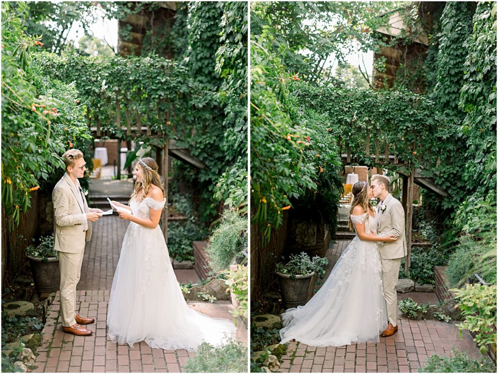 Collage of a couple in a secluded walkway reading vows to each other and kissing