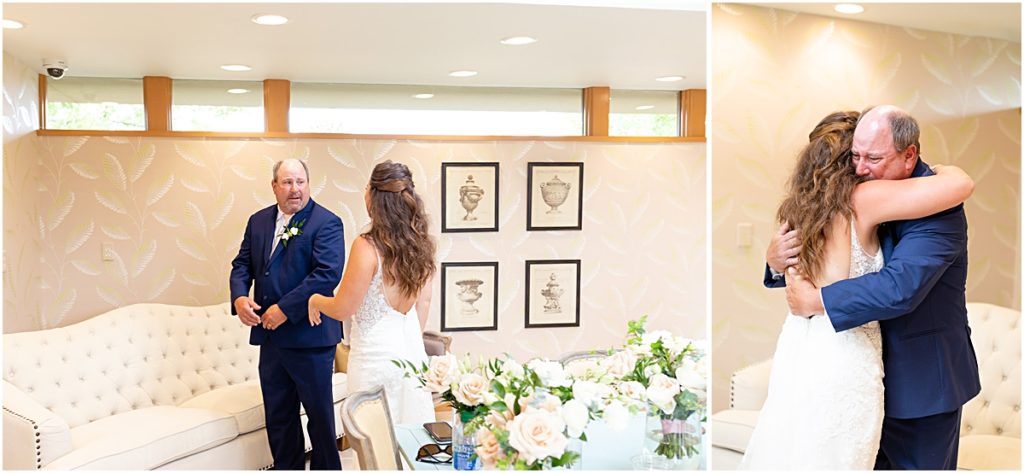 Father turning and hugging his daughter during her First Look at her Wedding