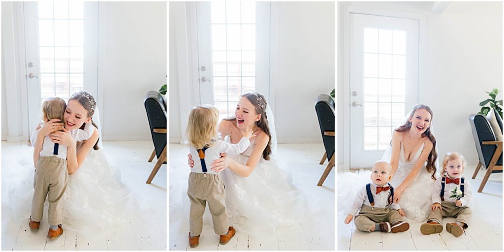 Collage of a Bride's first look with her kids during her Wedding