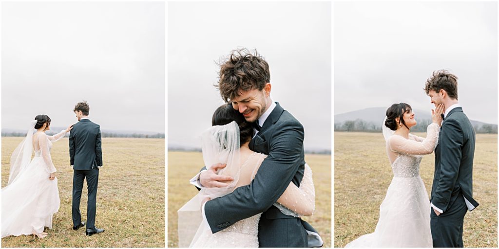Collage of a first look in front of a field with a mountain in the background during a Wedding Photography session. 