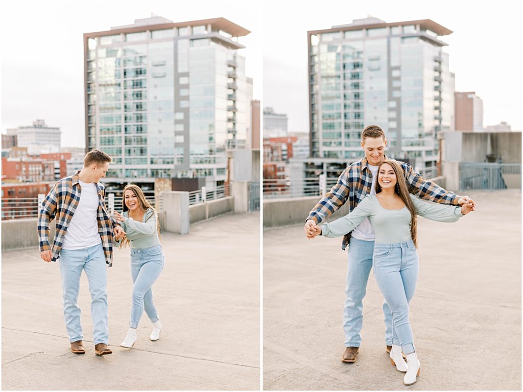 Collage of couple standing on top of a parking garage during Engagement Photos for Men's Outfits