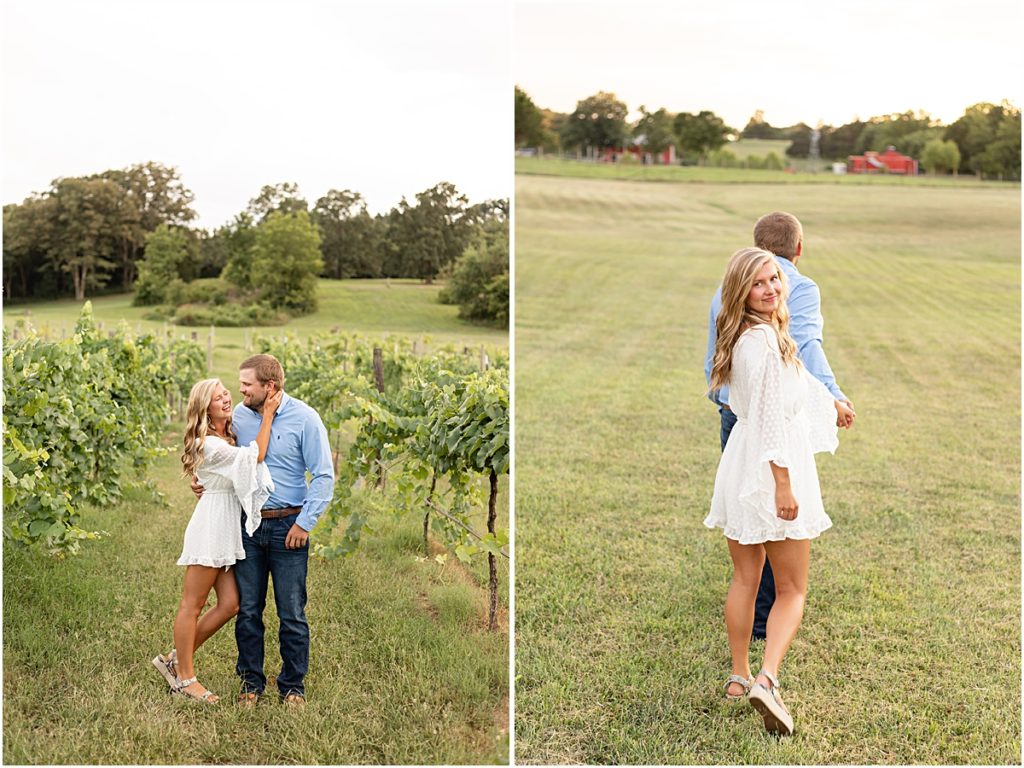 Collage of a couple in a vineyard and a field