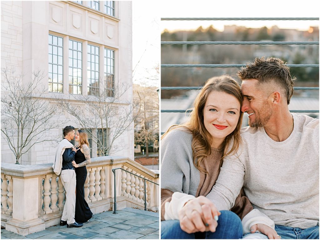 Collage of two separate couples - one standing against a stone railing, another sitting on top of a parking garage during Engagement Photography Session