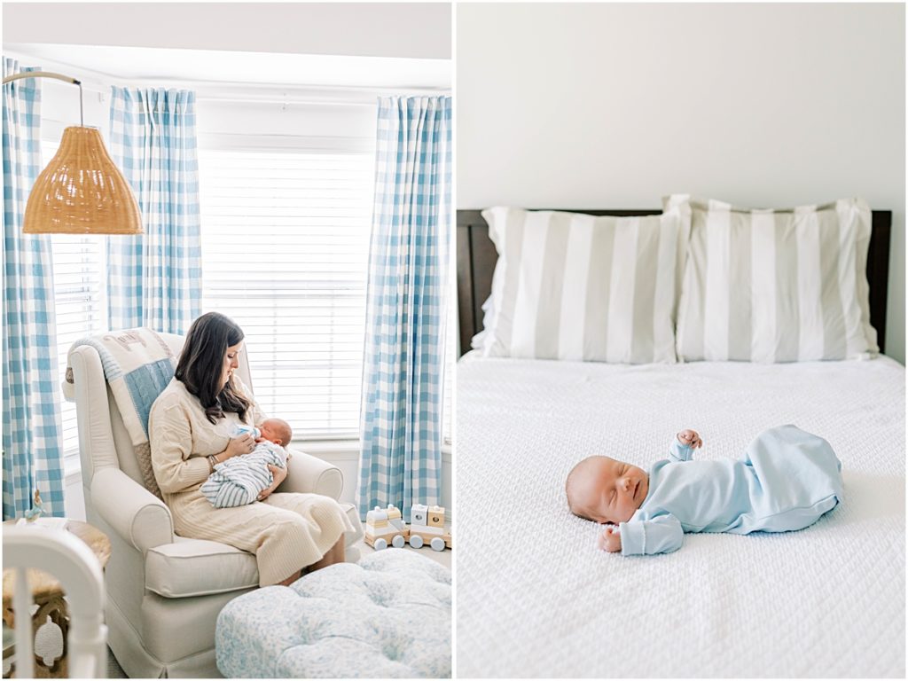 Collage of Mother giving bottle, and Baby James on a bed during Newborn Photography session