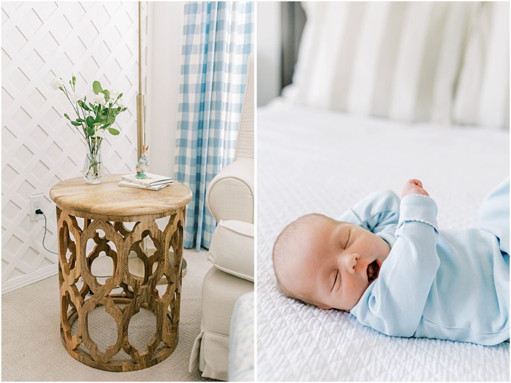 Detail photo of lamp stand, and Baby James on a bed 