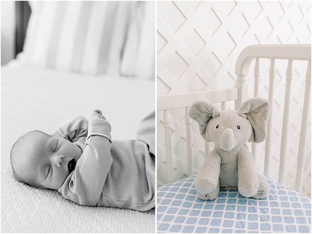 Collage of Stuffed elephant on a chair and Baby James yawning during Newborn Photography session