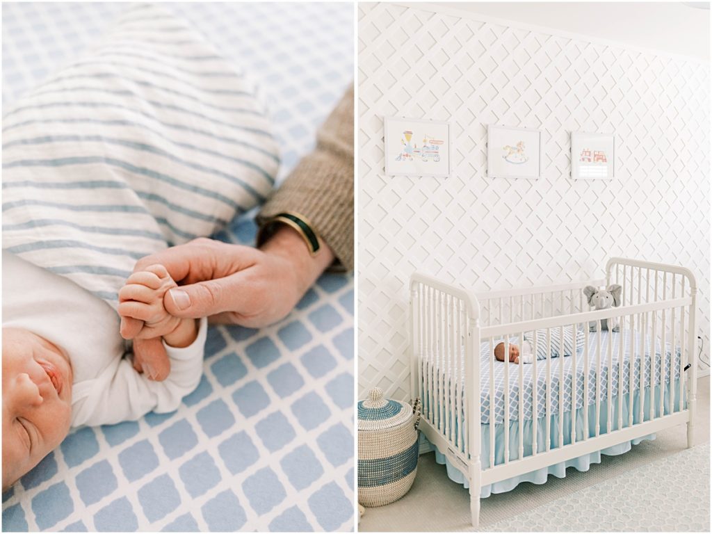 Collage of Baby James hand being held by father, and Baby James sleeping in bed. 