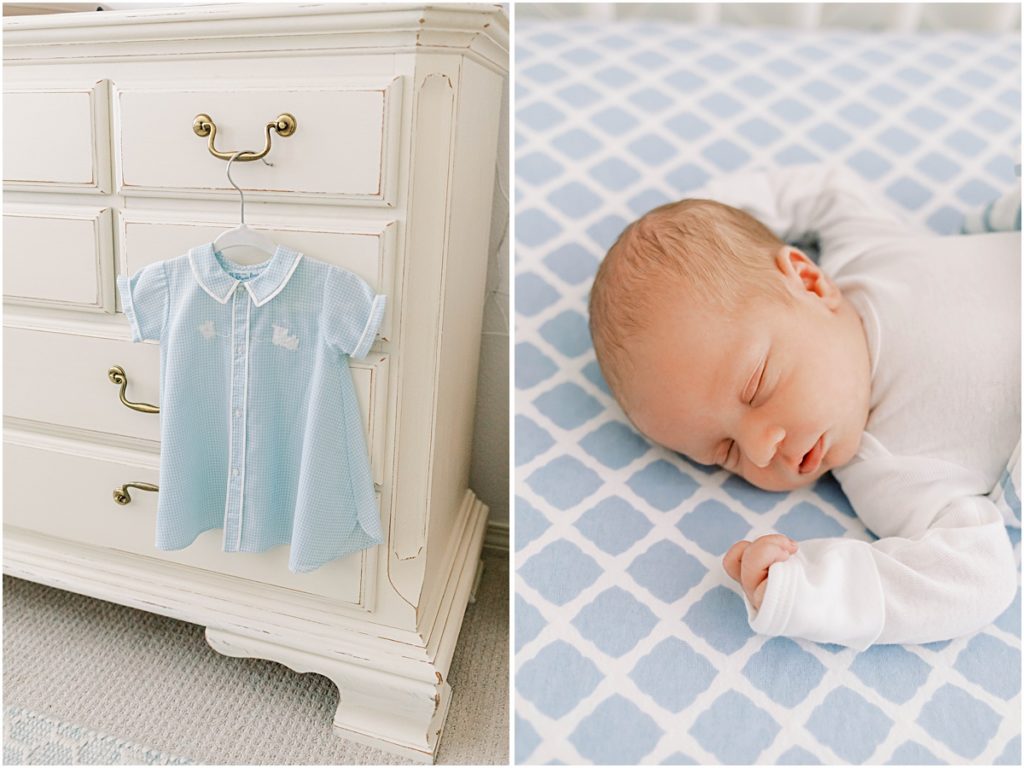 Collage of Baby James Onesie, and Baby James sleeping during Newborn Photography session