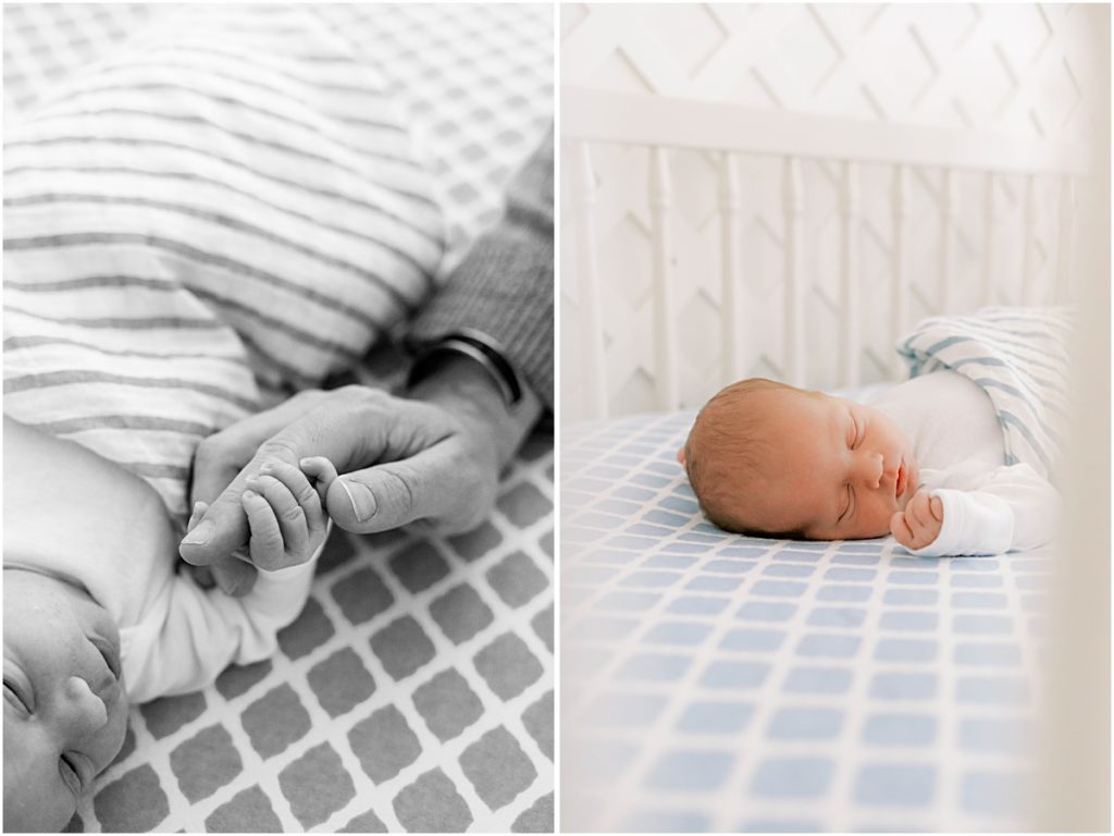 Father holding Baby James hand and Baby James sleeping during Newborn Photography session