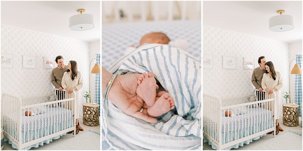 Collage of Family standing at crib, and holding Baby James' feet during Newborn Photography session