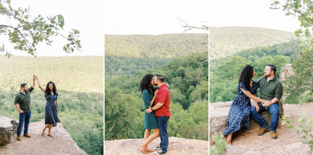Collage of a couple dancing, kissing and enjoying each other's company during their portrait session at Devil's Den Yellow Rock Trail.