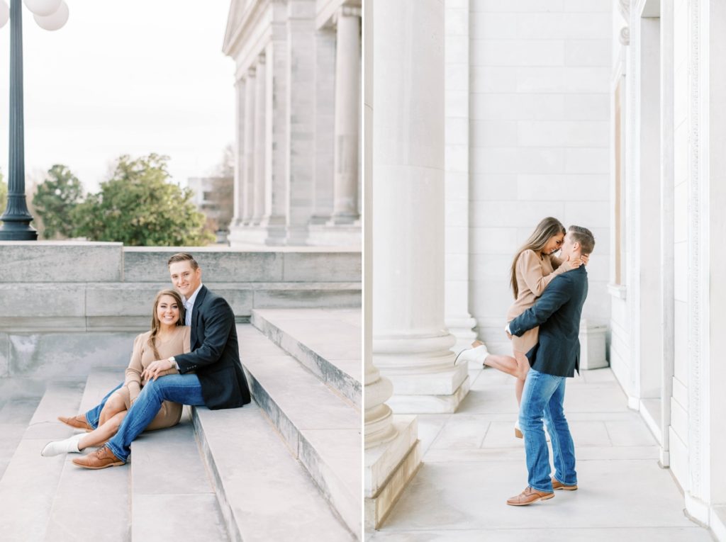 Collage of a couple sitting on the steps in Downtown Little Rock and a man picking up his fiance while she smiles at him.