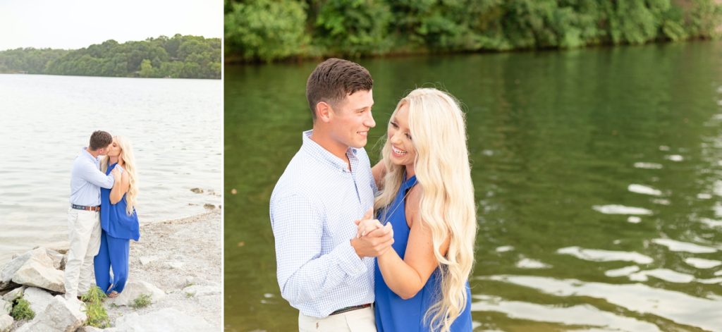 Collage of a couple kissing and laughing on the banks of a lake at Tanyard Creek.