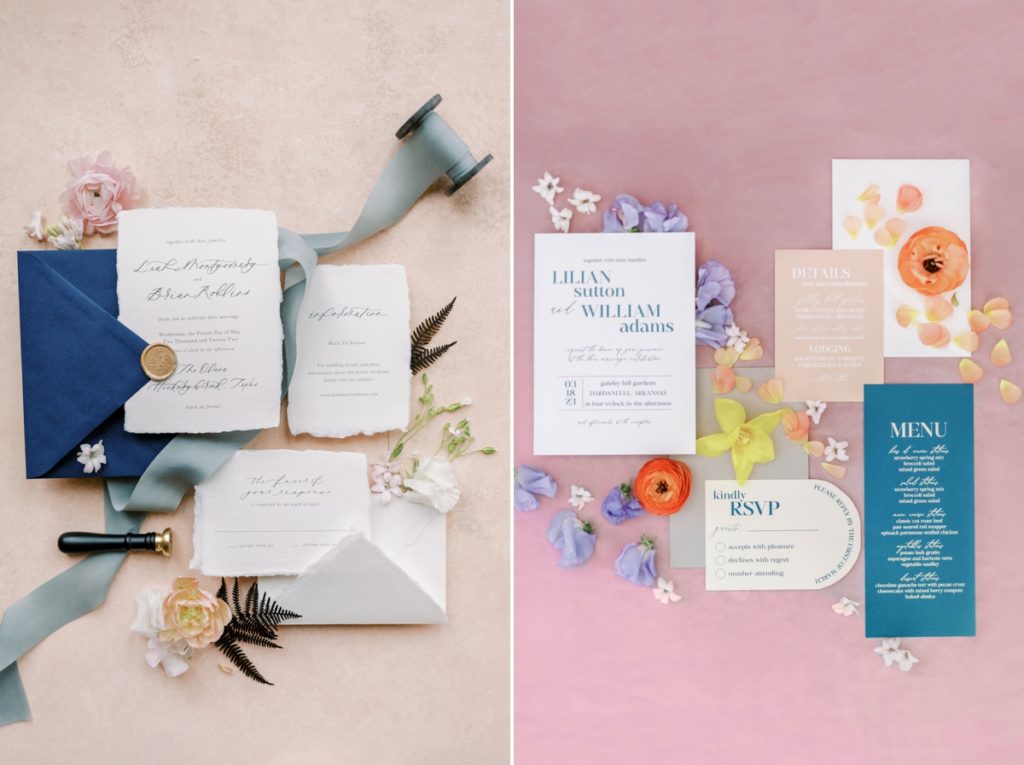 Collage of colorful and elegant wedding invitation suites.