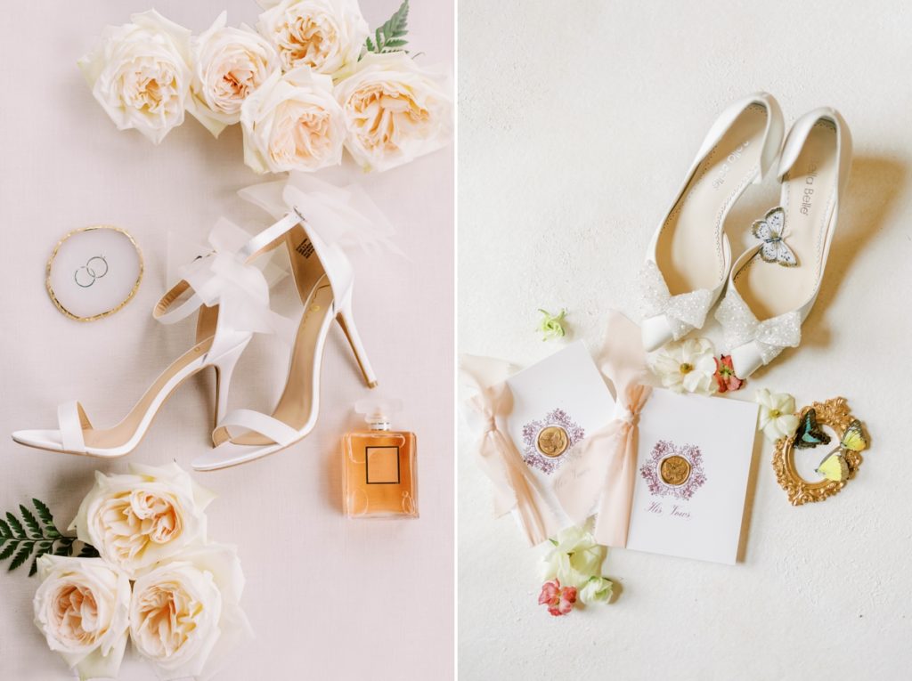 Collage of a flat lay photograph of the bride's wedding day shoes with perfume and flowers.