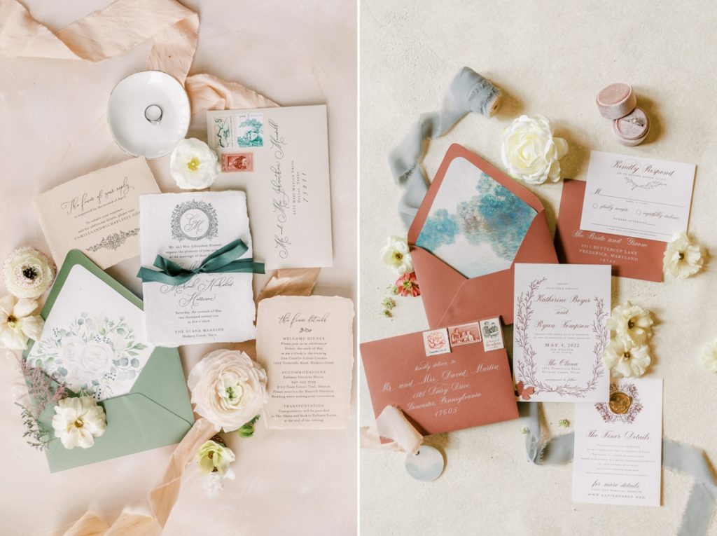 Collage of a set of rust colored and a set of green and ivory colored invitation suites, staged with ribbon and florals for a wedding day flat lay.