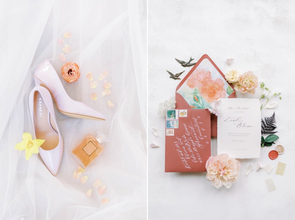 Collage of a rust colored invitation suite, soft pink shoes and Coco Chanel perfume.