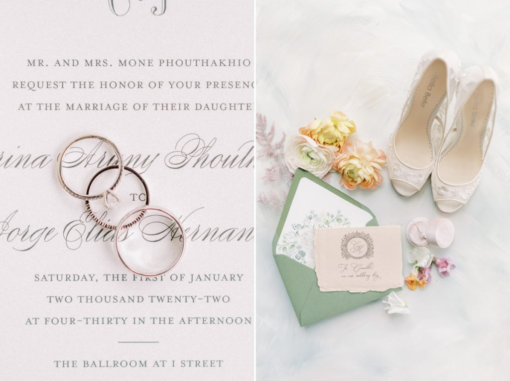 Collage of wedding rings staged on a wedding invitation and wedding day shoes staged next to an invitatiton.