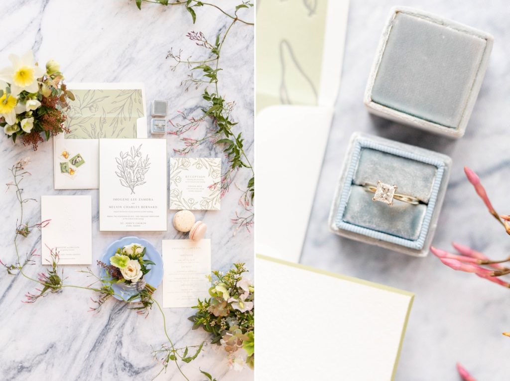 Collage of neutral, elegant invitation suit and close up photo of a square cut diamond ring in a light blue ringbox.