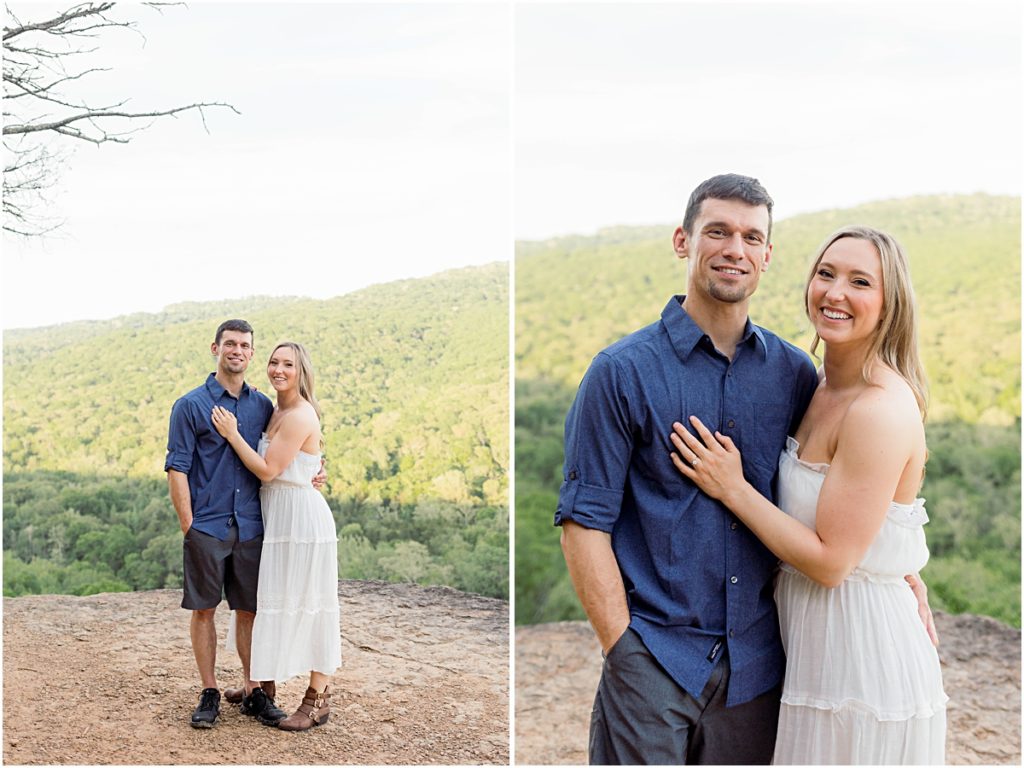 Collage of an engaged couple standing on a cliff's edge in Fayetteville, Arkansas. 