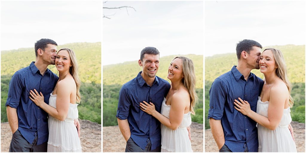 A collage of Sarah and Jarod laughing  as he kisses her ear during their engagement session in Fayetteville, Arkansas.