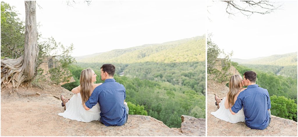 A collage of Sarah and Jarod sitting on a cliff's edge cuddling and kissing during their engagement session at Yellow Rock Trail.