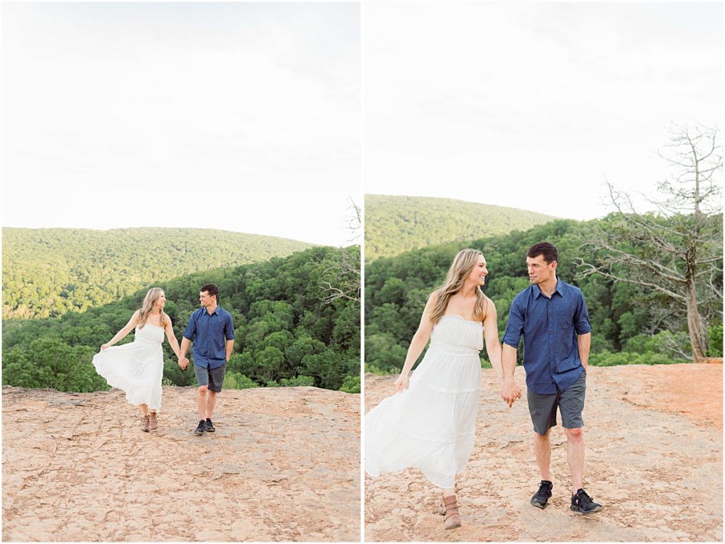 A collage of Sarah and Jarod walking hand in hand, smiling at each other in Devil's Den State Park.