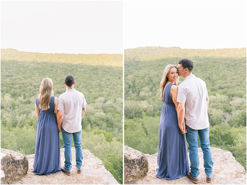 Collage of Sarah and Jarod during their engagement session - looking out over the tree and her smiling while she kisses her forehead.
