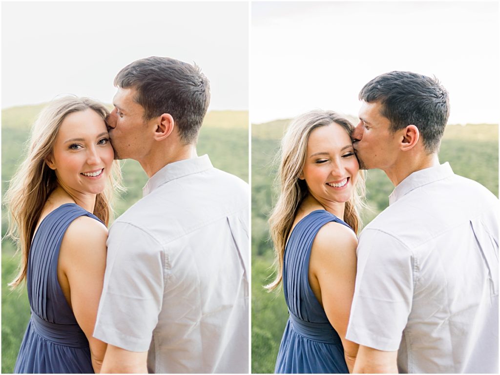 Collage of Jarod kissing Sarah on the temple as she smiles during their engagement session in Fayetteville, Arkansas.