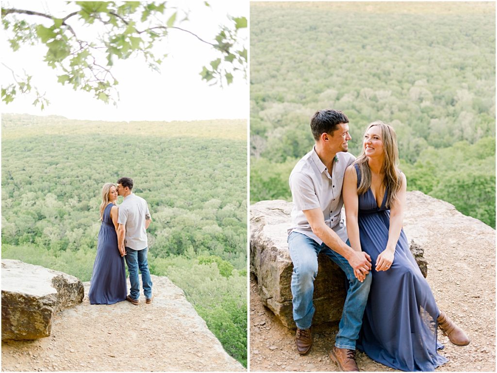 Collage of Jarod kissing Sarah's temple and them sitting on a rock on a cliff's edge at Yellow Rock Trail.