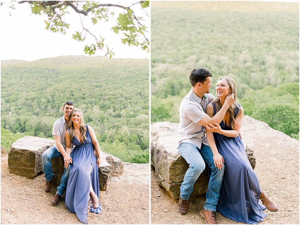 Collage of Sarah and Jarod sitting on a rock during their engagement session smiling and Jarod pushing Sarah's hair behind her ear.