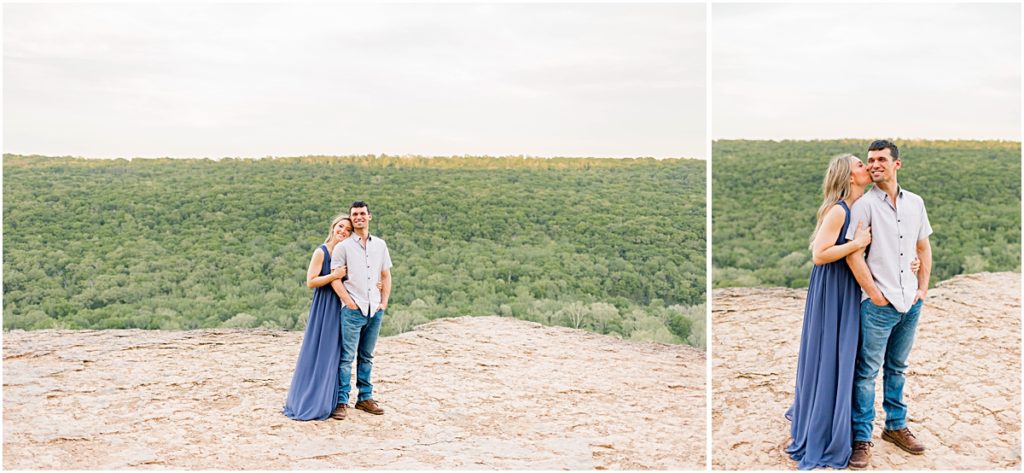 Collage of Sarah resting her head on Jarod's shoulder and then kissing him during their engagement session in Fayetteville, Arkansas.
