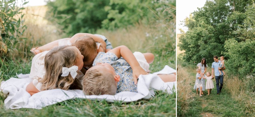 Collage of three kids laying and laughing on a blanket in a field and the family of five walking together.