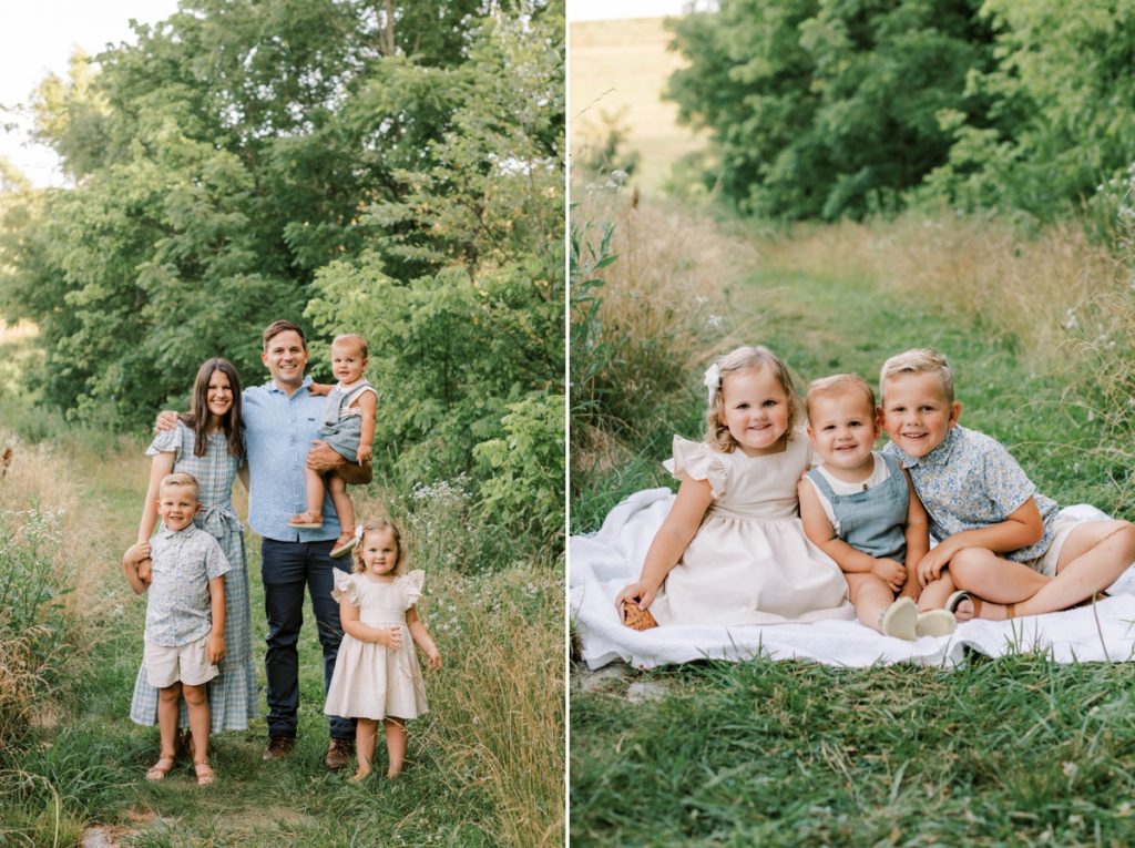 Collage of a family of five smiling together during their family session and the three kids sitting on a blanket smiling.