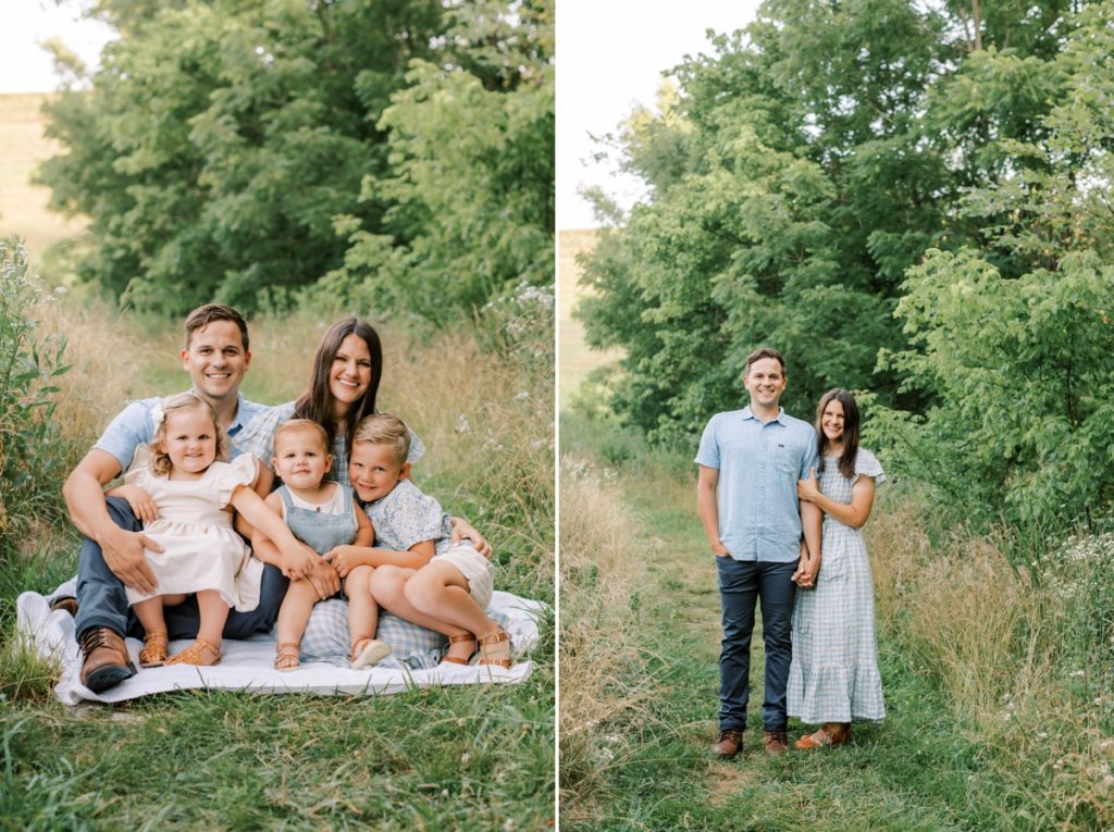 Collage of a family of five sitting together on a blanket during their family session and a photo of mom ad dad smiling.